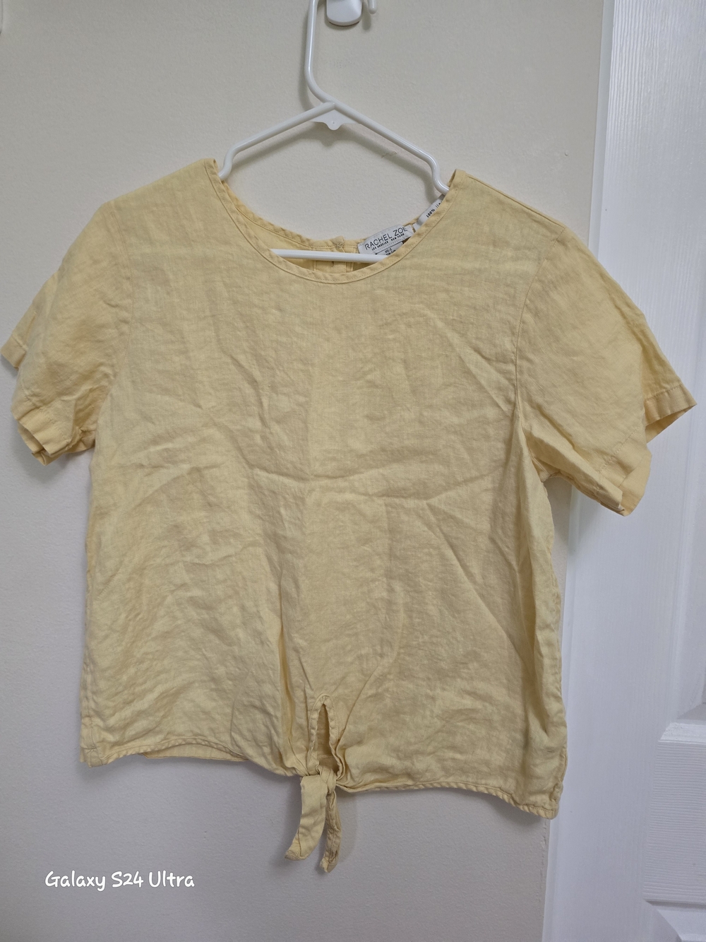 Rachel Zoe Light Yellow Front-Tie Short Sleeve Tee- 100% Linen